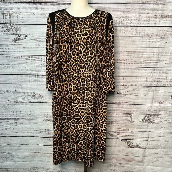 Chico's 3 XL Animal Annie Dress Leopard Spot 3/4 Sleeve Stretch Shift Midi NWOT - Picture 1 of 10